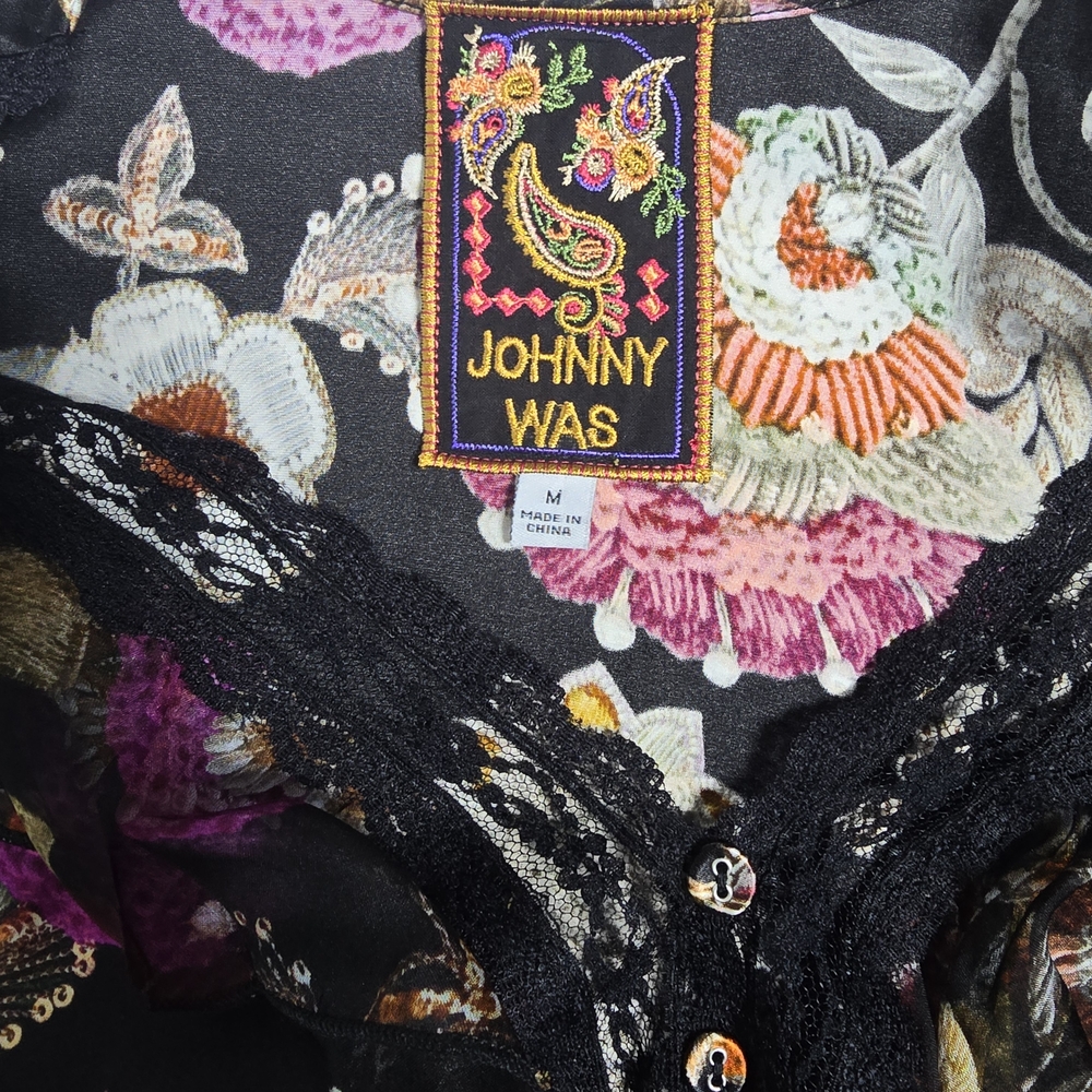 Johnny Was Claudia Black Floral Button-Front Peasant Blouse - Picture 2 of 6